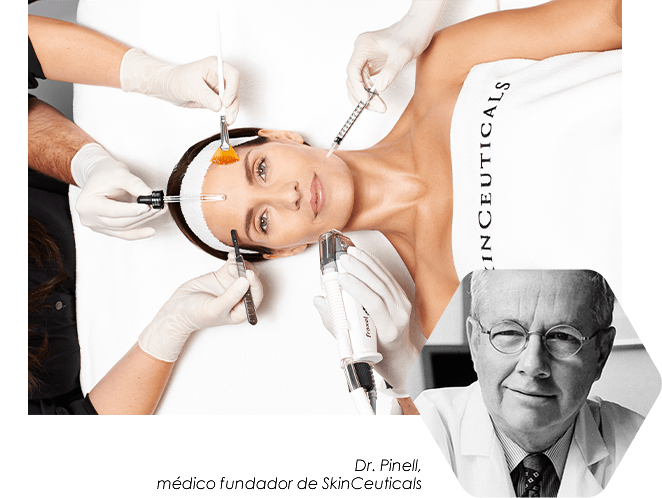 Imagen de mujer con productos estéticos y Dr Pinell, fundador de Skinceuticals